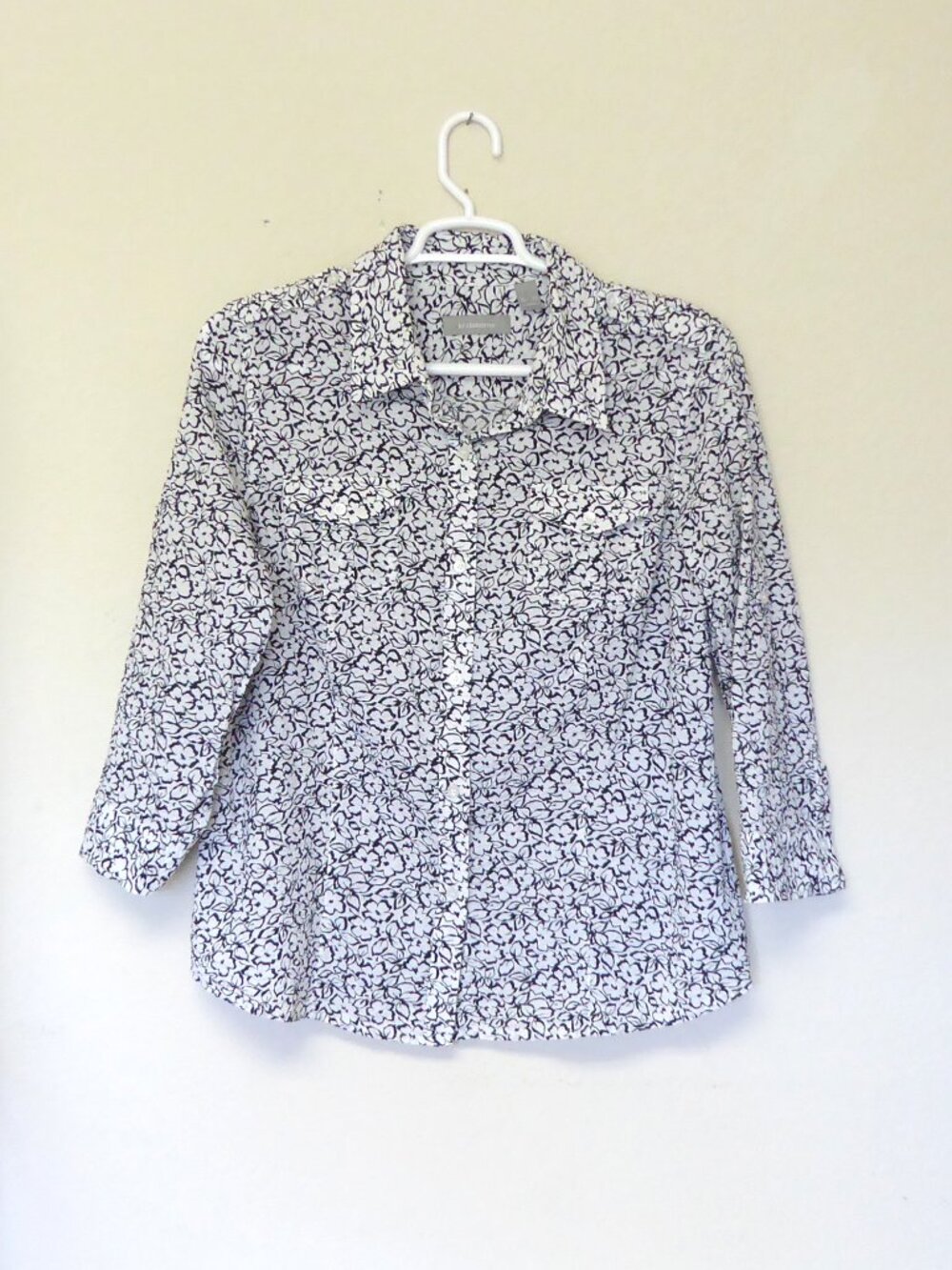 Liz Claiborne black and white flower floral seersucker button up shirt size XL
